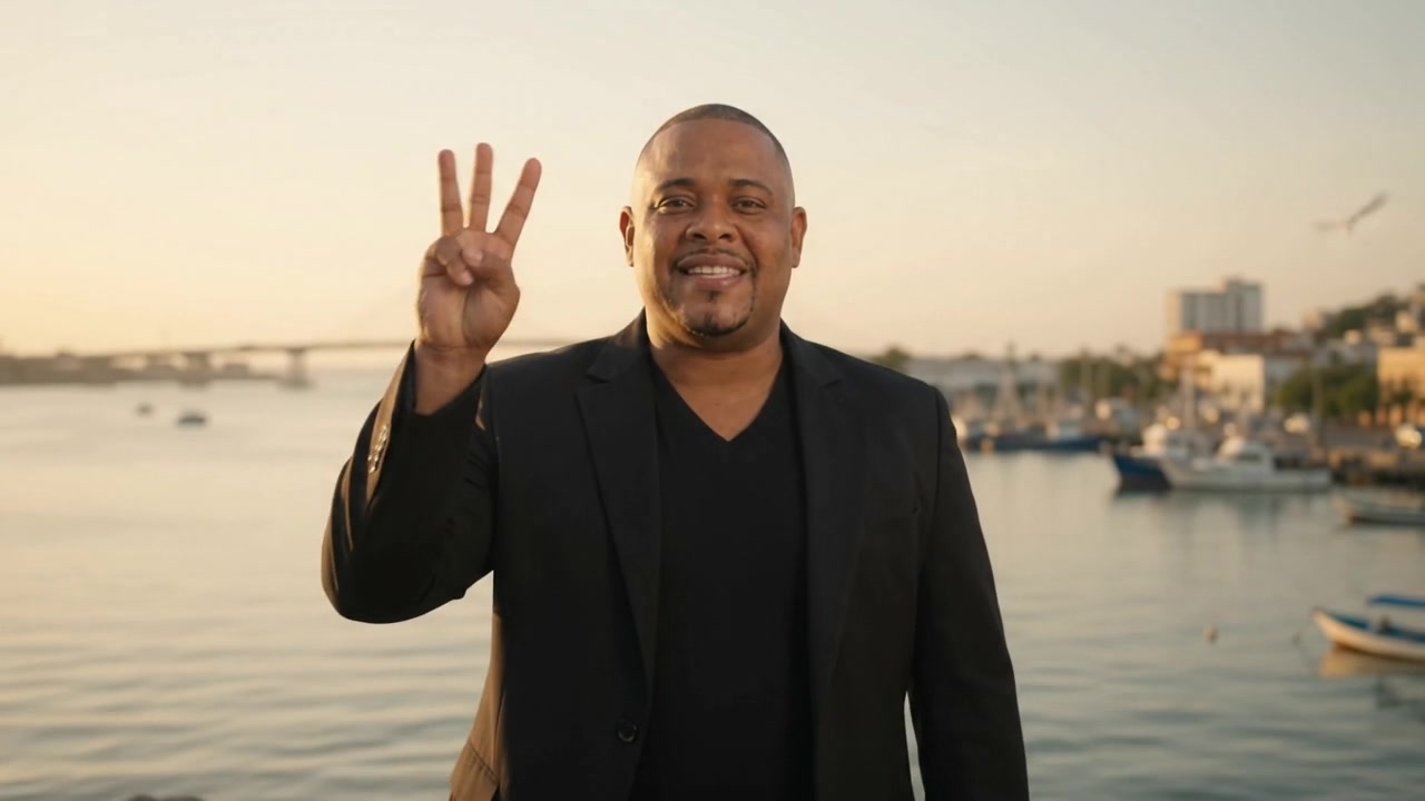 Wilvo haciendo el saludo de tres dedos frente al puerto de Buenaventura